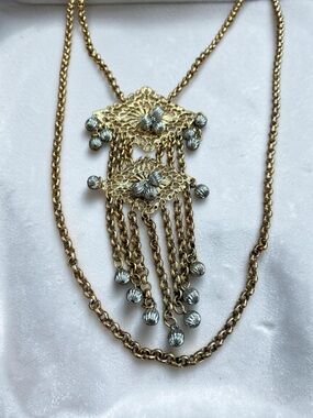 Vintage 70s double strand long Rolo Gold Silver Two-Tone Fringe Pendant Necklace